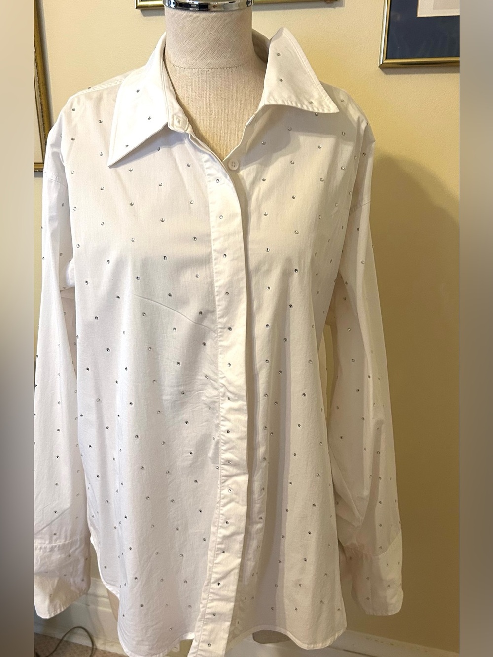Anthropologie white Oxford Cotton shirt  with silver gems XXL